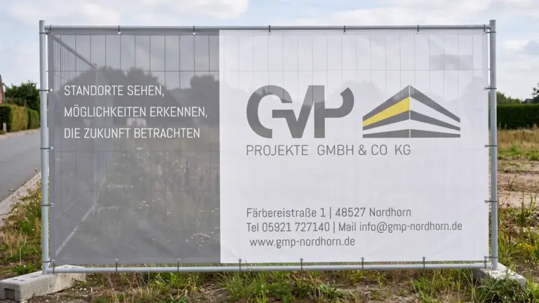 Bauzaunplane aus Gittergewebe für ein Nordhorner Projektbüro