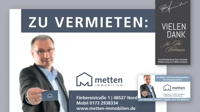 Immobilienanzeige „Zu vermieten“ mit Porträt und Visitenkarte