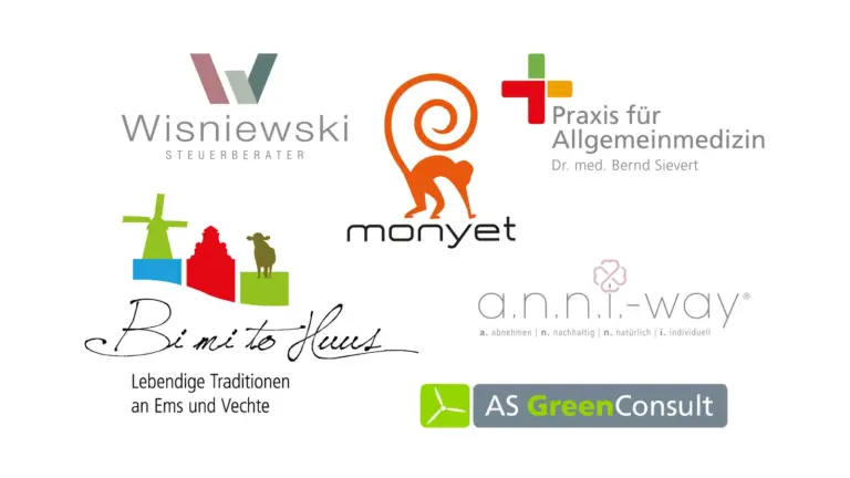 Sechs Kundenlogos nebeneinander auf weißem Grund – Steuerkanzlei, Arztpraxis, Heimatverein, Beratungsunternehmen